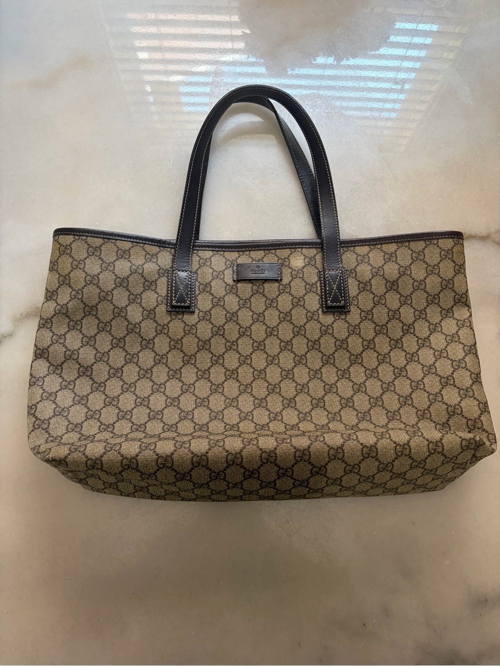 Gucci Brown Beige GG Supreme Canvas Tote with Dark Brown Leather Handles